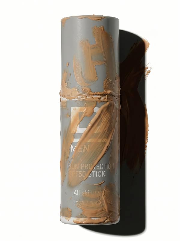 Zylinderförmiger Sonnenschutz-Stick mit SPF 50 in hautfarbenem Ton, mit Produktcreme verschmiert