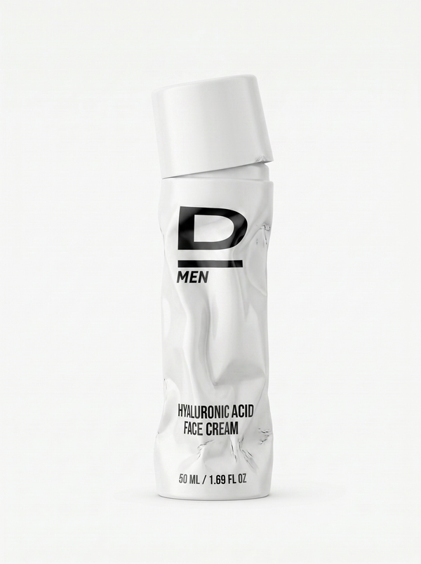 Verknitterte weiße Tube mit schwarzer Aufschrift 'D MEN HYALURONIC ACID FACE CREAM 50 ML / 1.69 FL OZ' und abgenommenem Deckel
