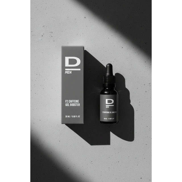 Flasche mit Pipette und Verpackung des Produkts 'D MEN F2 CAFFEINE GEL BOOSTER' auf hellem Untergrund mit Schatten