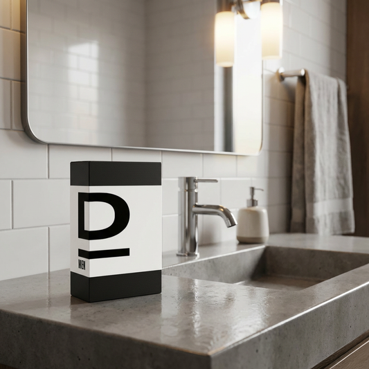 Hübsches Parfüm für Männer in eleganter Verpackung auf einem modernen Badezimmerwaschbecken.