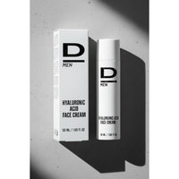 Verpackung und Flasche einer Gesichtscreme mit der Aufschrift 'D MEN HYALURONIC ACID FACE CREAM 50 ML / 1.69 FL OZ' auf hellem Untergrund mit Schatten
