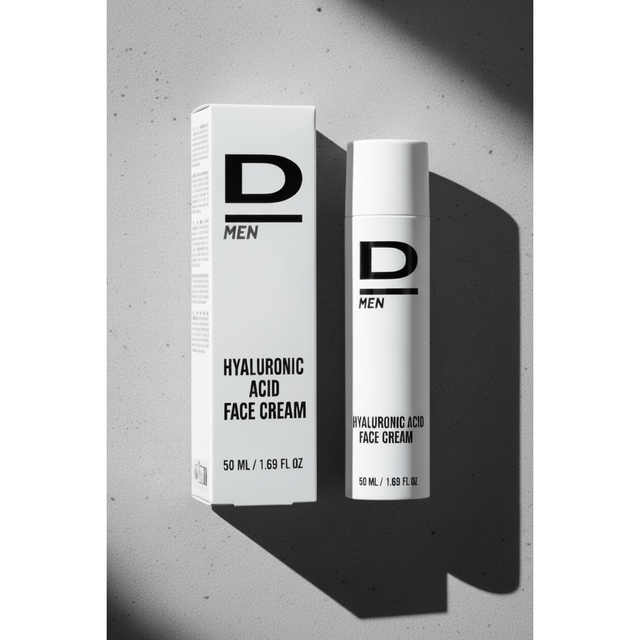 Verpackung und Flasche einer Gesichtscreme mit der Aufschrift 'D MEN HYALURONIC ACID FACE CREAM 50 ML / 1.69 FL OZ' auf hellem Untergrund mit Schatten