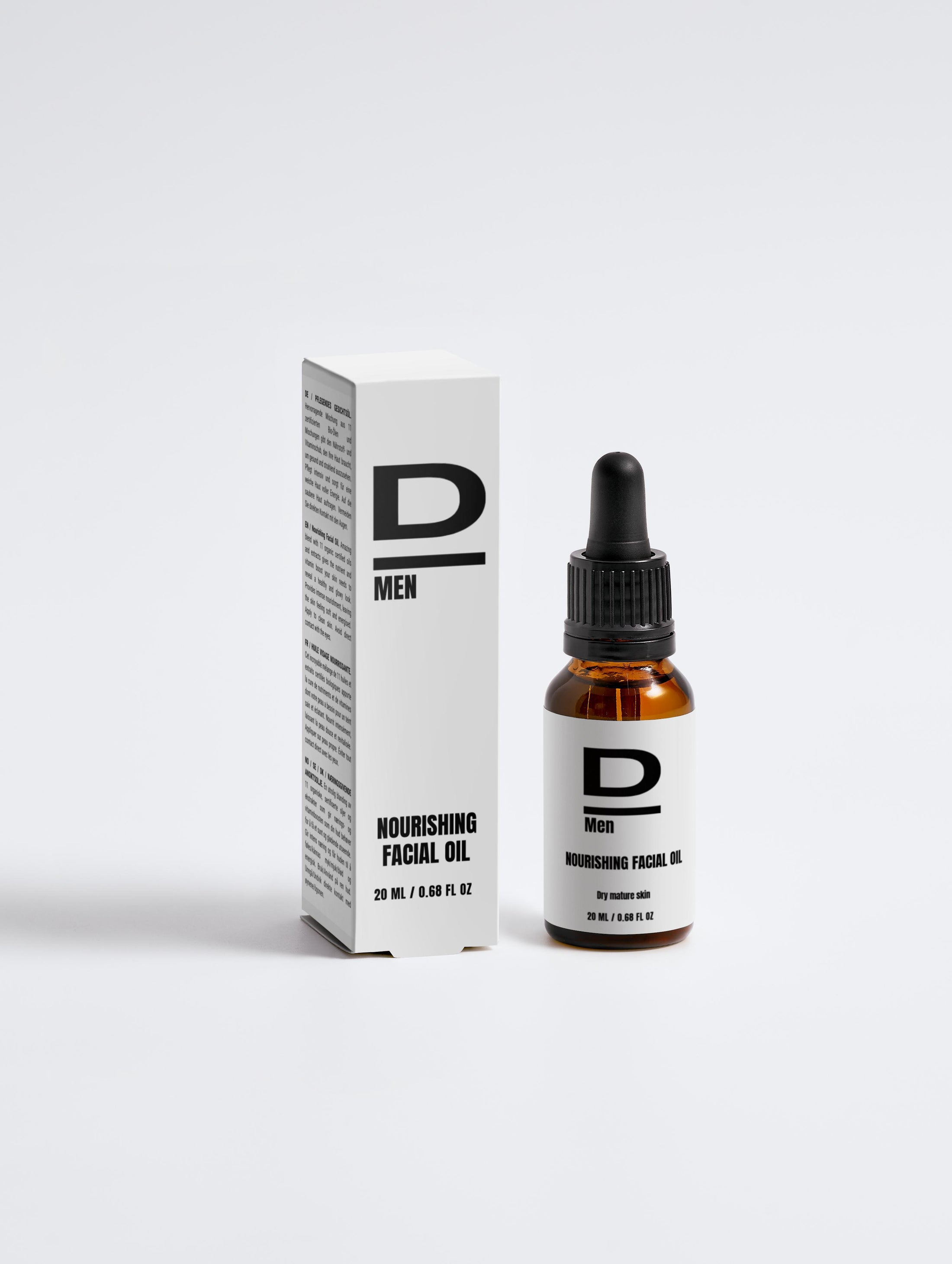 Braune Glasflasche mit schwarzem Tropfverschluss und weißem Etikett mit der Aufschrift 'D Men NOURISHING FACIAL OIL'.