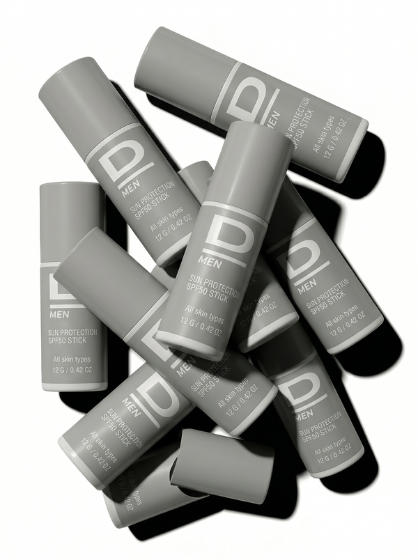Mehrere graue Stiftbehälter mit der Aufschrift 'D MEN SUN PROTECTION SPF50 STICK' liegen auf weißem Untergrund
