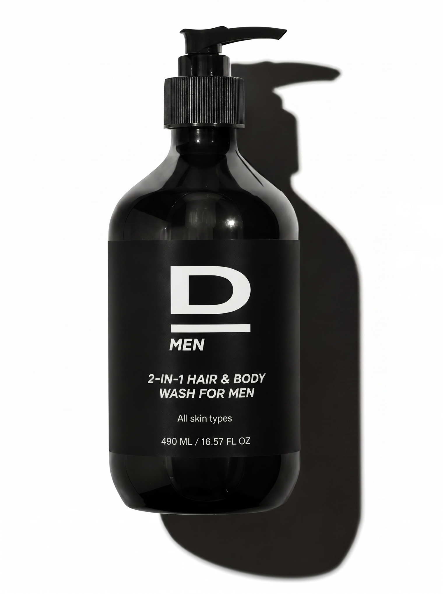 Schwarze Flasche mit Pumpverschluss und weißer Aufschrift für 2-in-1 Haar- und Körperwaschmittel für Männer