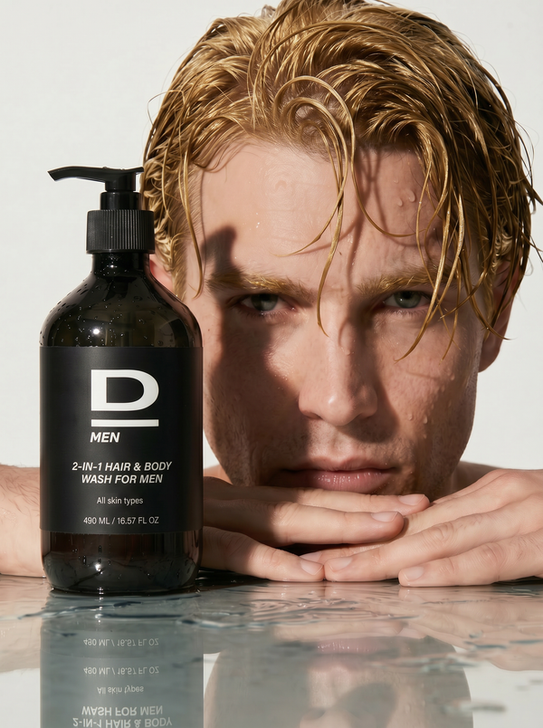 Blonder Mann mit nassem Haar stützt sein Kinn auf eine reflektierende Oberfläche neben einer schwarzen Flasche mit der Aufschrift 'D MEN 2-IN-1 HAIR & BODY WASH FOR MEN'