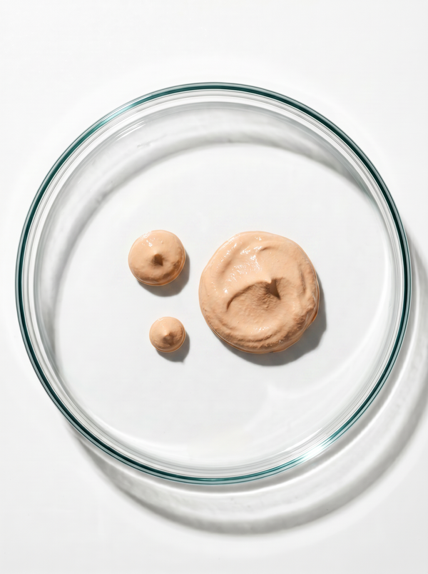 Drei unterschiedlich große Kleckse hautfarbener Creme in einer runden Glas-Schale auf weißem Hintergrund