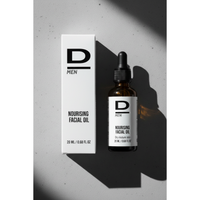 Flasche mit Pipette und Verpackung des Gesichtsöls 'D MEN Nourishing Facial Oil' auf hellem Untergrund mit Schatten