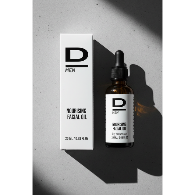 Flasche mit Pipette und Verpackung des Gesichtsöls 'D MEN Nourishing Facial Oil' auf hellem Untergrund mit Schatten