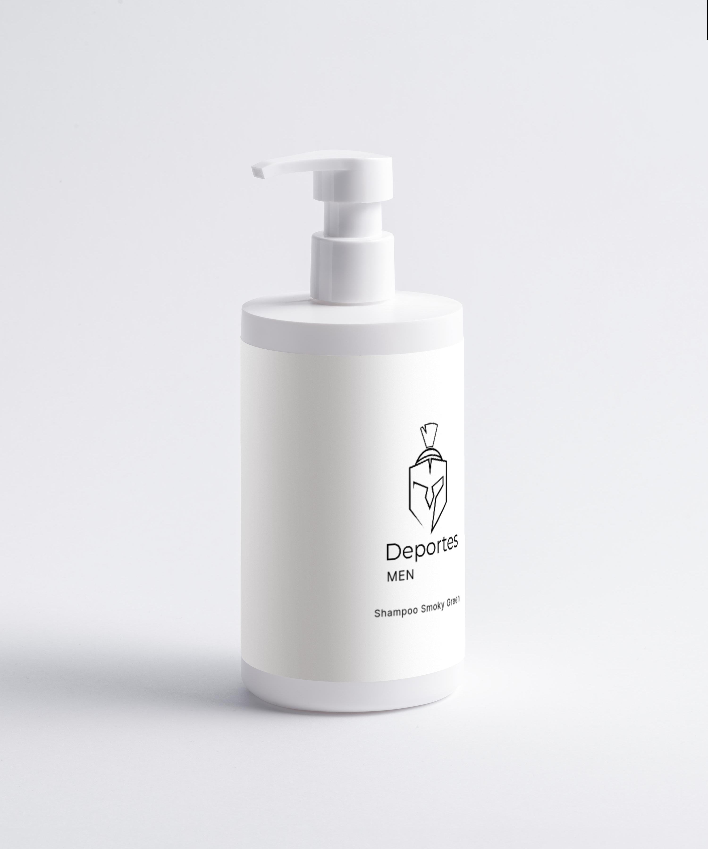 weiße Shampoo-Flasche mit Pumpspender, Marke Deportes Men, Produktname 'Shampoo Smoky'