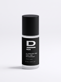 Schwarze Deodorant-Roll-on-Flasche mit schwarzem Deckel und weißer Beschriftung auf weißem Hintergrund