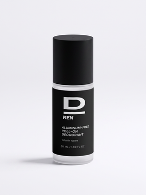 Schwarze Deodorant-Roll-on-Flasche mit schwarzem Deckel und weißer Beschriftung auf weißem Hintergrund