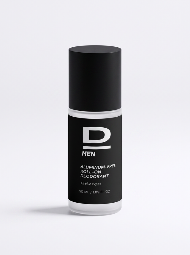 Schwarze Deodorant-Roll-on-Flasche mit schwarzem Deckel und weißer Beschriftung auf weißem Hintergrund