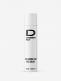 Weiße zylindrische Flasche mit schwarzer Aufschrift 'D MEN' und 'HYALURONIC ACID FACE CREAM'