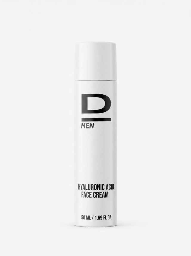 Weiße zylindrische Flasche mit schwarzer Aufschrift 'D MEN' und 'HYALURONIC ACID FACE CREAM'