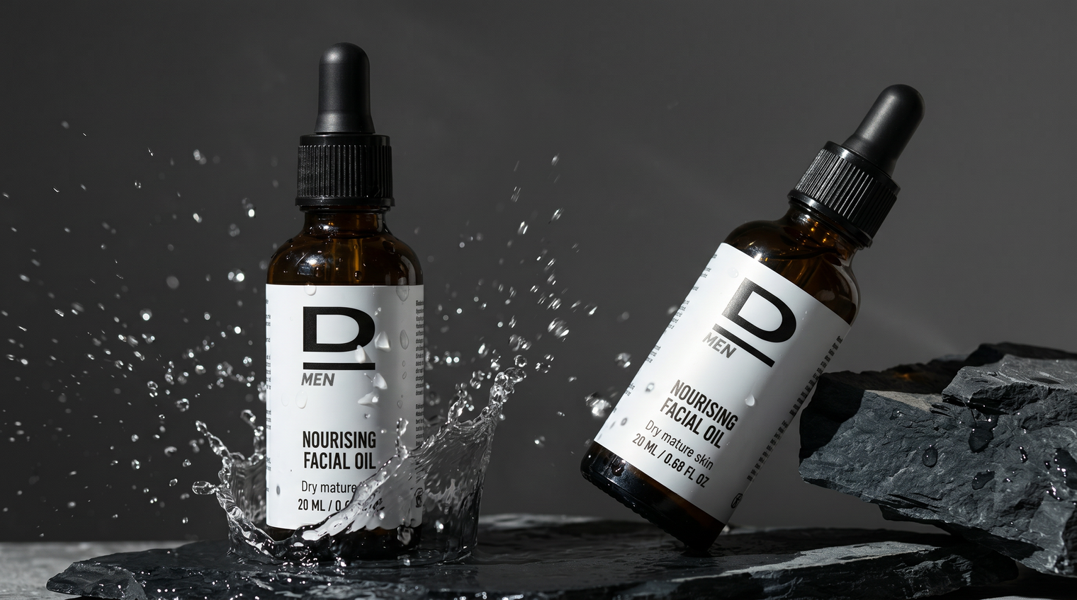 Zwei braune Glasflaschen mit Pipetten, beschriftet mit 'D MEN NOURISHING FACIAL OIL', stehen auf dunklem Stein, eine Flasche steht in einer Wasserspritzung