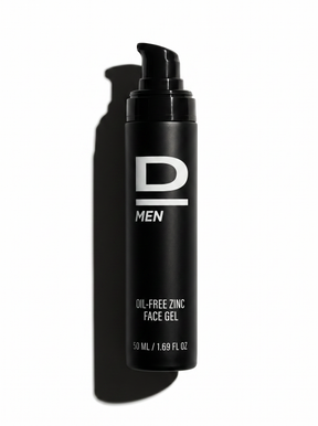 Schwarze Flasche mit Pumpspender und weißer Aufschrift 'D MEN OIL-FREE ZINC FACE GEL 50 ML / 1.69 FL OZ' auf weißem Hintergrund mit Schatten
