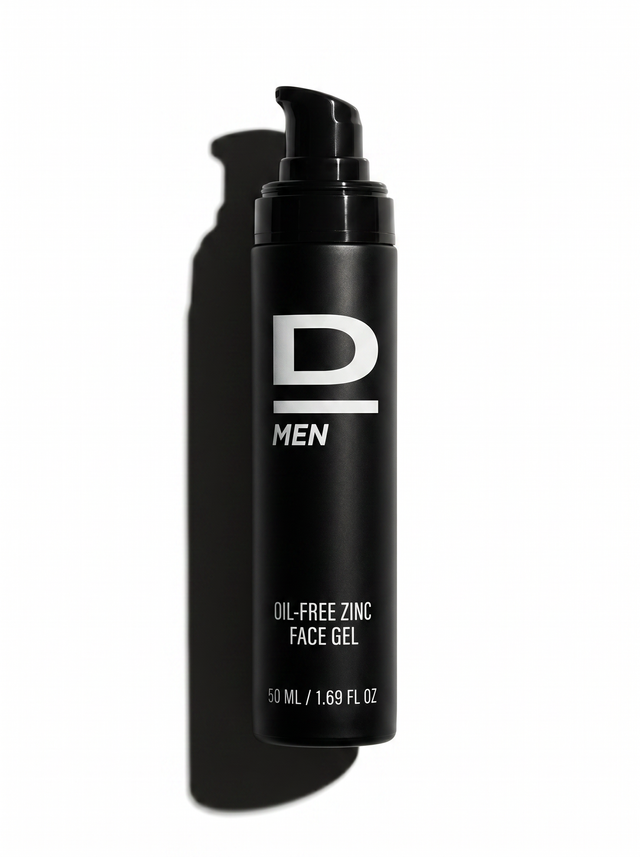 Schwarze Flasche mit Pumpspender und weißer Aufschrift 'D MEN OIL-FREE ZINC FACE GEL 50 ML / 1.69 FL OZ' auf weißem Hintergrund mit Schatten