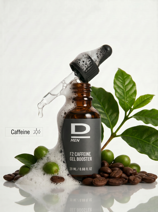 Braune Glasflasche mit schwarzem Tropfer und Schaum, umgeben von Kaffeebohnen und grünen Kaffeefrüchten vor grünem Blatt