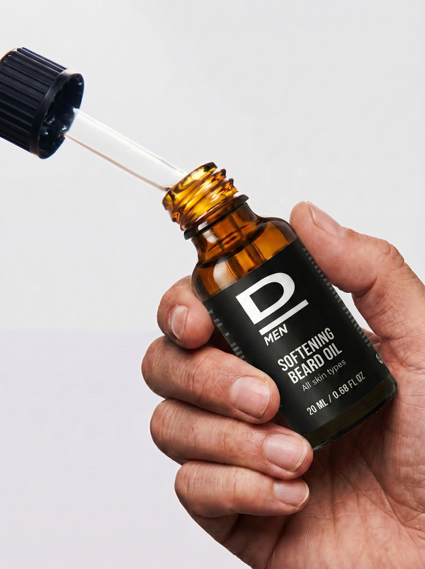 Hand hält eine braune Glasflasche mit Pipette und schwarzem Etikett mit der Aufschrift 'D MEN SOFTENING BEARD OIL All skin types 20 ml / 0.68 FL OZ'