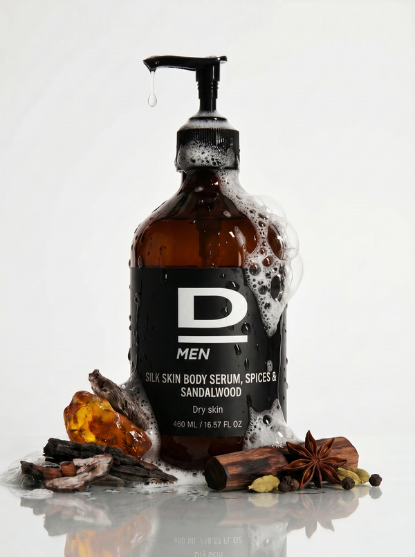 Braune Flasche mit schwarzem Pumpspender und Schaum, umgeben von Gewürzen wie Zimtstangen, Sternanis und Kardamom