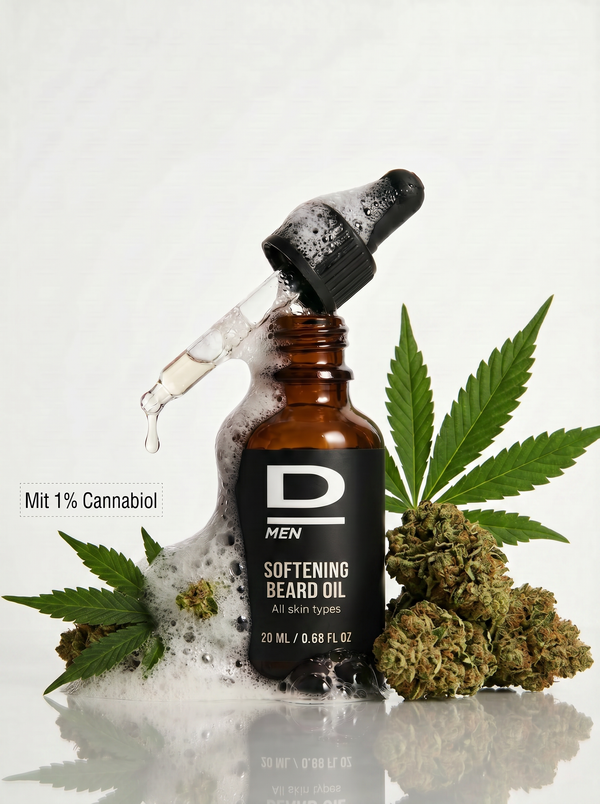Braune Flasche mit Pipette und Schaum, daneben Cannabisblätter und -blüten, Flasche beschriftet mit 'D MEN SOFTENING BEARD OIL'