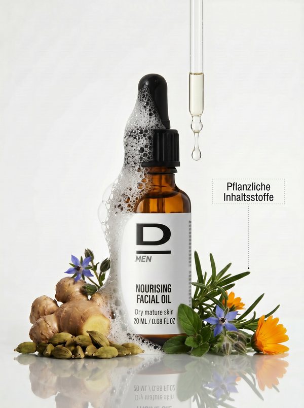 Braune Glasflasche mit Pipette und Schaum, umgeben von Ingwer, Kardamom und verschiedenen Heilpflanzen, beschriftet mit 'D MEN NOURISING FACIAL OIL Dry mature skin 20 ML / 0.68 FL OZ'